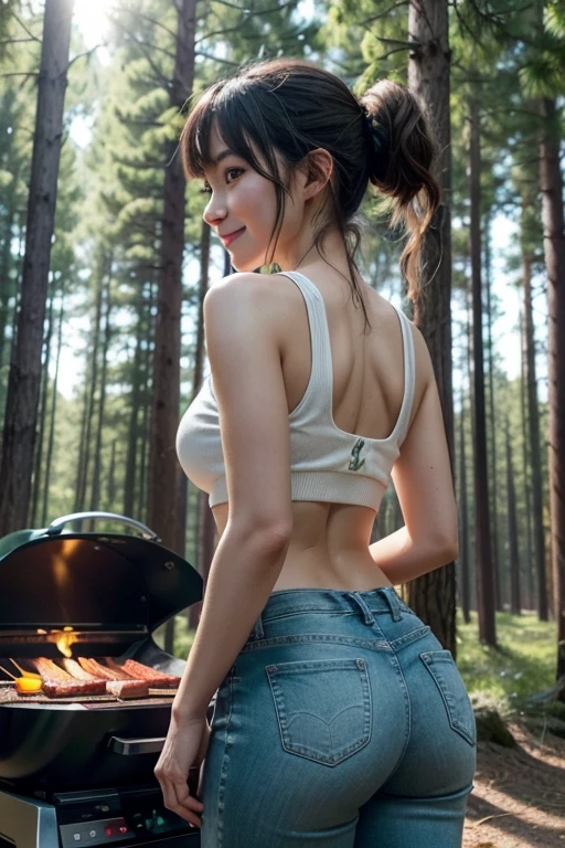 High resolution, masterpiece, Anatomically correct, Attention to detail, High resolutionモデル, One Woman, cute, Barbecue in the woods, Beautiful Japanese woman grilling meat, 28 years old, Beer in the right hand, Meat skewer in left hand, Bangs, Low Ponytail, Braided Ponytail, Look back and smile, White tank top, Skinny jeans, Fresh Green Forest, Bright sunlight, Her outline shines in the backlight, The reflective surface of the barbecue grill provides a nice lighting effect on your face from below., whole body, Cinematic Lighting Effects, hot summer images, sense of openness, inflammation,
