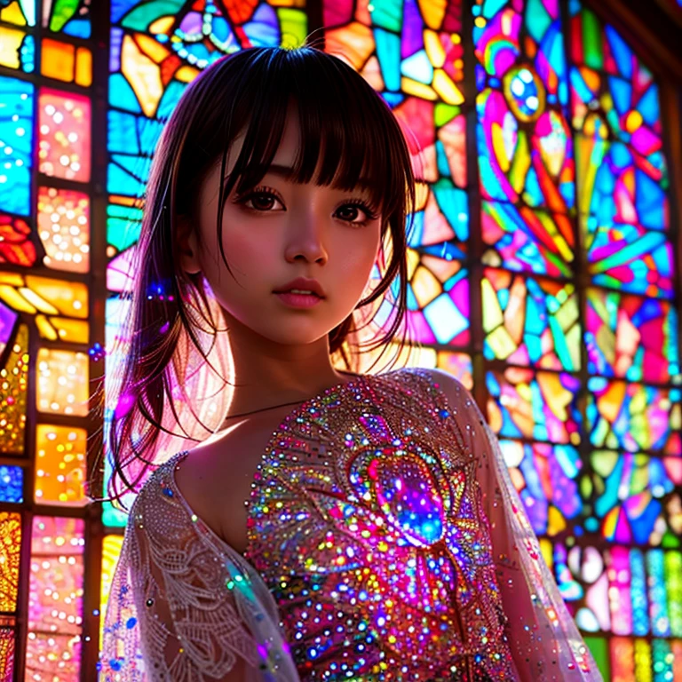 SFW, concept art, Tiny junior idol, (Detailed Delicate lace knitted white clothes), (nipple:-0.9), face closeup, (Elaborate stained glass Background:1.37), (((Renbutsu Misako), colorful Light shines through delicate stained glass:1.2, vivid red colors, Luminous Particles, light Particles))(Acutance:0.8). (ProfessionalPhoto:1.2),(ultra-detailed:1.37), (Extremely detailed KAWAII face variations, innocent expression variations), rosy cheeks, intricate detailed eyes with sparkling highlights, long eyelashes with volume, subtle blush on the face. Mystic sight, haze, Impeccable Radiant PearlSkin with Transparency, captivating gaze, ((Dynamic-angle)), whole Body proportions and all limbs are anatomically accurate .