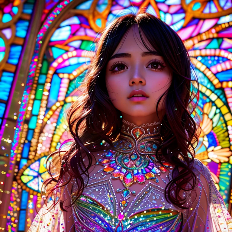 SFW, concept art, Tiny junior idol, (Detailed Delicate lace knitted white clothes), (nipple:-0.9), face closeup, (Elaborate stained glass Background:1.37), (((Renbutsu Misako), colorful Light shines through delicate stained glass:1.2, vivid red colors, Luminous Particles, light Particles))(Acutance:0.8). (ProfessionalPhoto:1.2),(ultra-detailed:1.37), (Extremely detailed KAWAII face variations, innocent expression variations), rosy cheeks, intricate detailed eyes with sparkling highlights, long eyelashes with volume, subtle blush on the face. Mystic sight, haze, Impeccable Radiant PearlSkin with Transparency, captivating gaze, ((Dynamic-angle)), whole Body proportions and all limbs are anatomically accurate .