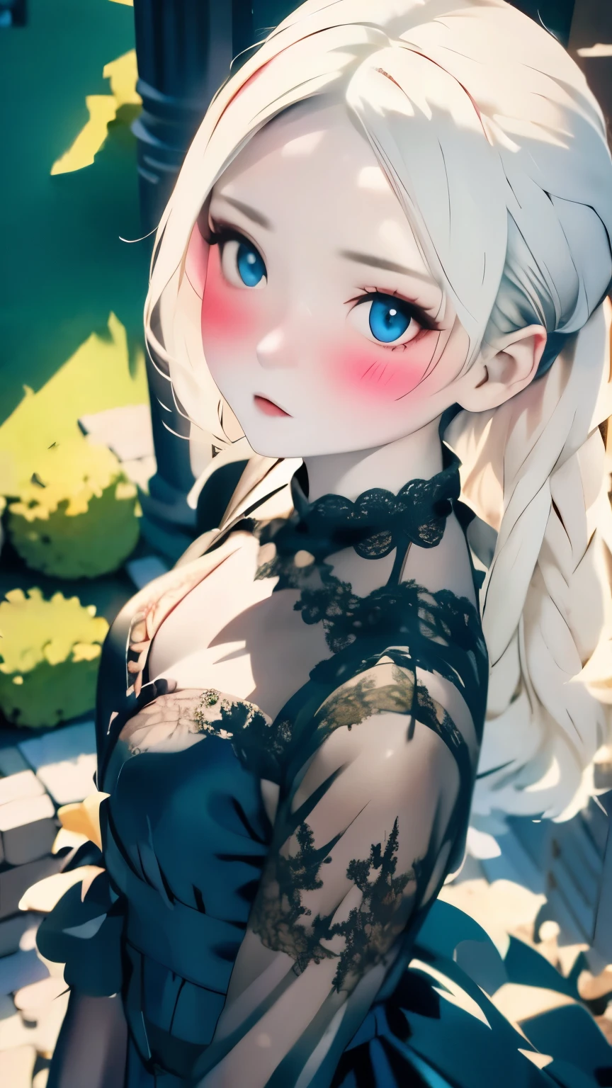 (UHigh resolution, retina, masterpiece, Accurate, Anatomically correct, Textured skin, Very detailed, Attention to detail, high quality, 最high quality, High resolution, 1080P, High resolution, 4K, 8k, 16K), (Beautiful details, Beautiful lip detail, Very detailedな目と顔), Studio Lighting, Physically Based Rendering, Vibrant colors, (Gothic Dress), (Portraiture, Shiny Hair, Glowing Skin), [Stained Glass Windows, Bokeh], (incline one's head to the side:1.5), Eye Reflexes, (blush:1.5), (Gothic art, Pale skin, From above:1.5), Monochrome,