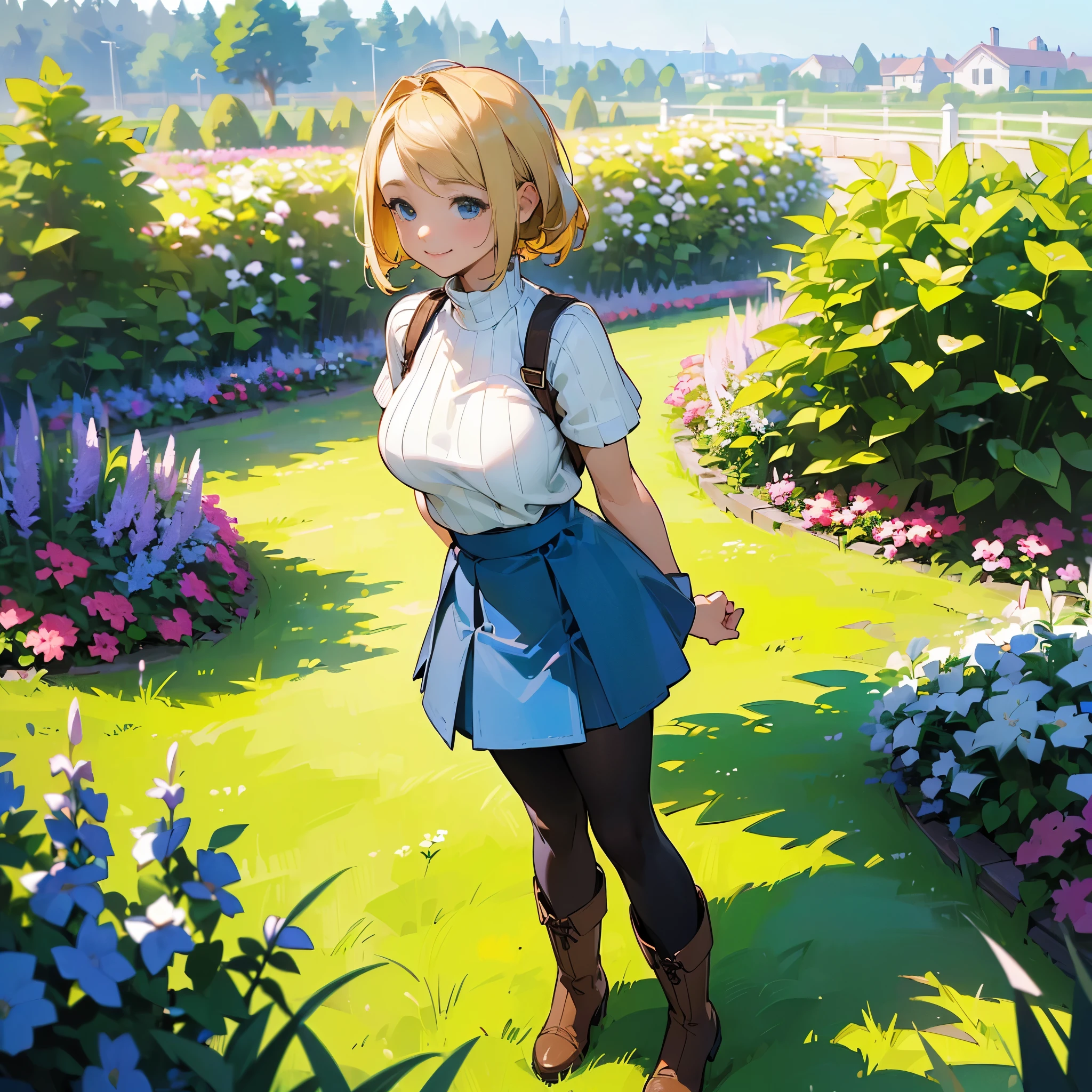 (high quality, High resolution, Very detailed, reality:1.37), Peaceful atmosphere, (Outdoor, garden), Teenage girl standing alone, (my breasts are big.), Beautiful details, Cute Smile, (Blonde Bob Hair), Short sleeve ribbed sweater, Blue Skirt, Black tights, Brown boots.