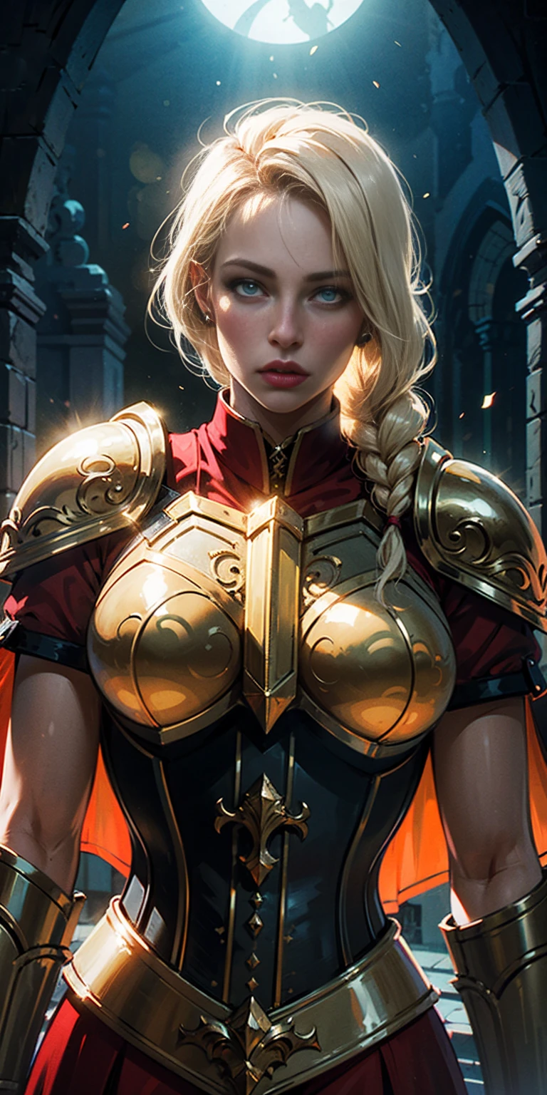 upper body of paladin lady in ornate golden armor, black collar, pauldrons, breastplate, corset, glowing halo, single braid, blonde, yellow glowing eyes, bright pupils, eye focus, red cape, temple indoors, stained glass windows, night, moonlight, particles, light beam, chromatic aberration