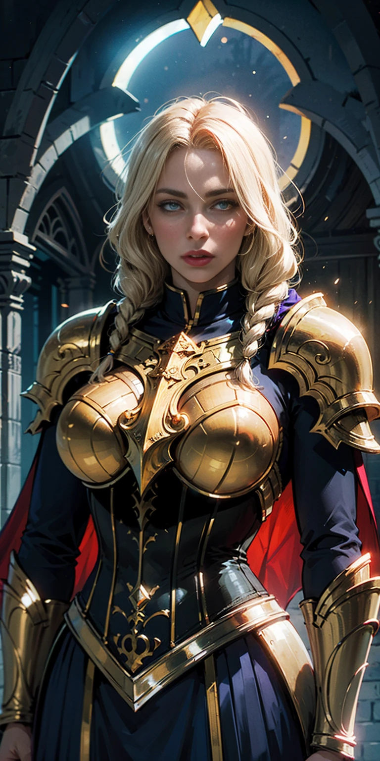 upper body of paladin lady in ornate golden armor, black collar, pauldrons, breastplate, corset, glowing halo, single braid, blonde, yellow glowing eyes, bright pupils, eye focus, red cape, temple indoors, stained glass windows, night, moonlight, particles, light beam, chromatic aberration