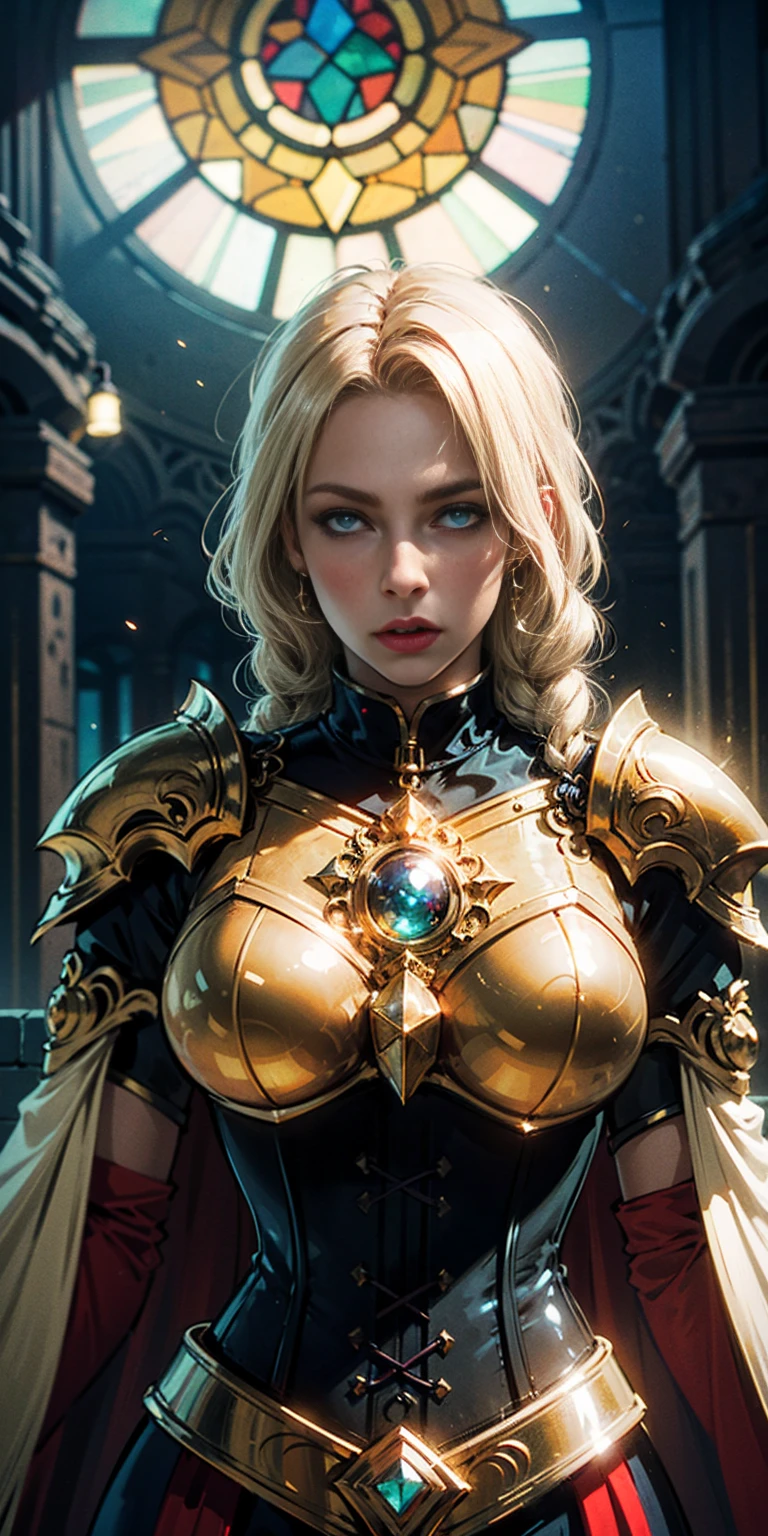 upper body of paladin lady in ornate golden armor, black collar, pauldrons, breastplate, corset, glowing halo, single braid, blonde, yellow glowing eyes, bright pupils, eye focus, red cape, temple indoors, stained glass windows, night, moonlight, particles, light beam, chromatic aberration