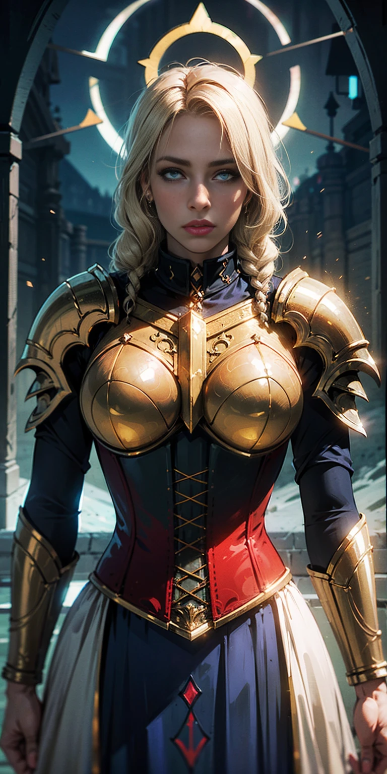 upper body of paladin lady in ornate golden armor, black collar, pauldrons, breastplate, corset, glowing halo, single braid, blonde, yellow glowing eyes, bright pupils, eye focus, red cape, temple indoors, stained glass windows, night, moonlight, particles, light beam, chromatic aberration