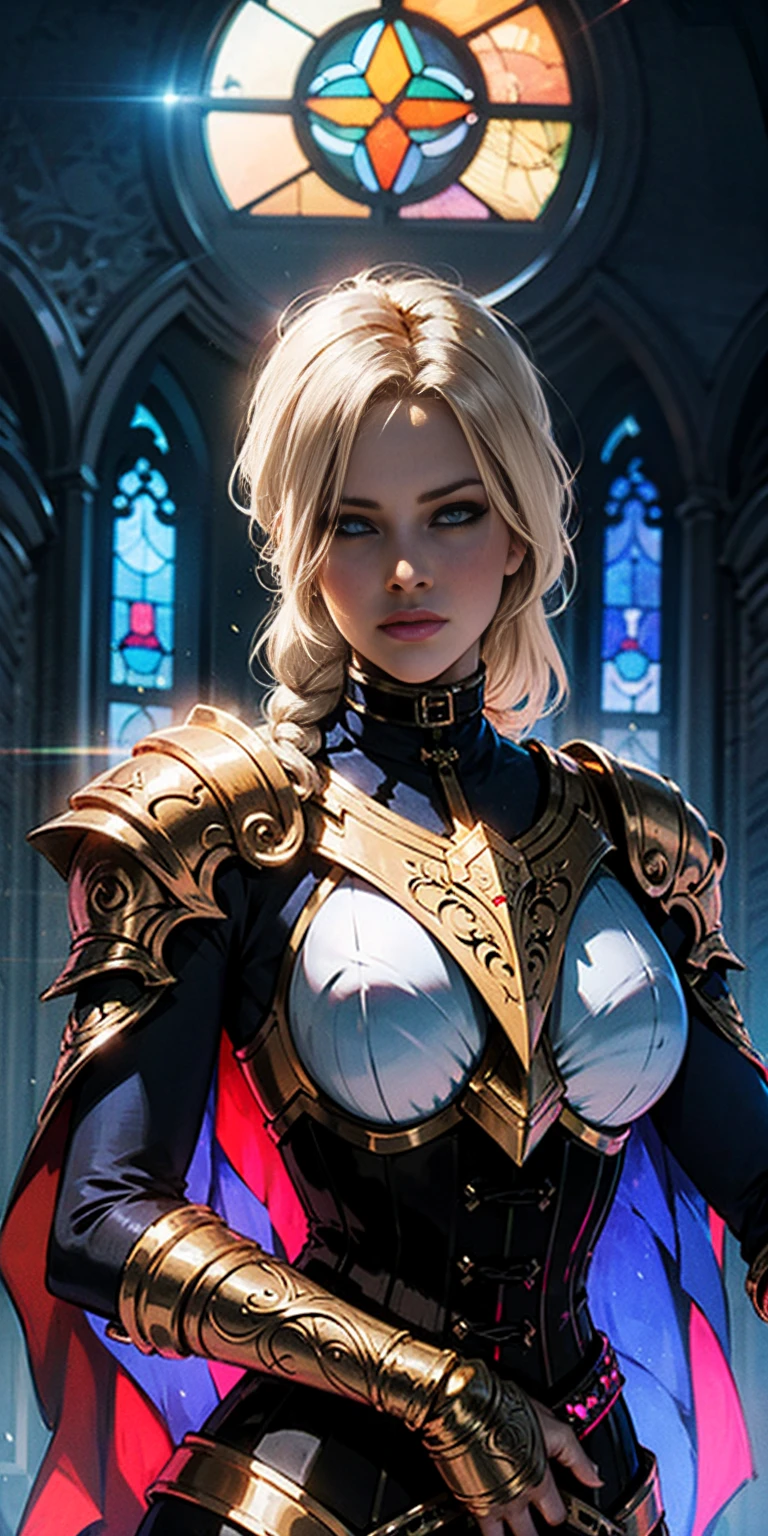 upper body of paladin lady in ornate golden armor, black collar, pauldrons, breastplate, corset, glowing halo, single braid, blonde, yellow glowing eyes, bright pupils, eye focus, red cape, temple indoors, stained glass windows, night, moonlight, particles, light beam, chromatic aberration