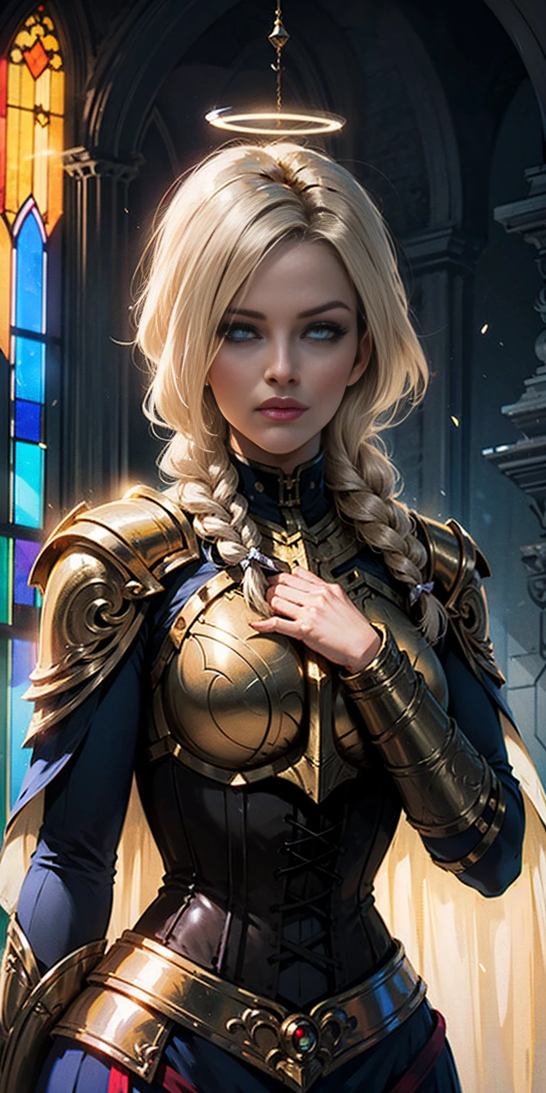 upper body of paladin lady in ornate golden armor, black collar, pauldrons, breastplate, corset, glowing halo, single braid, blonde, yellow glowing eyes, bright pupils, eye focus, red cape, temple indoors, stained glass windows, night, moonlight, particles, light beam, chromatic aberration