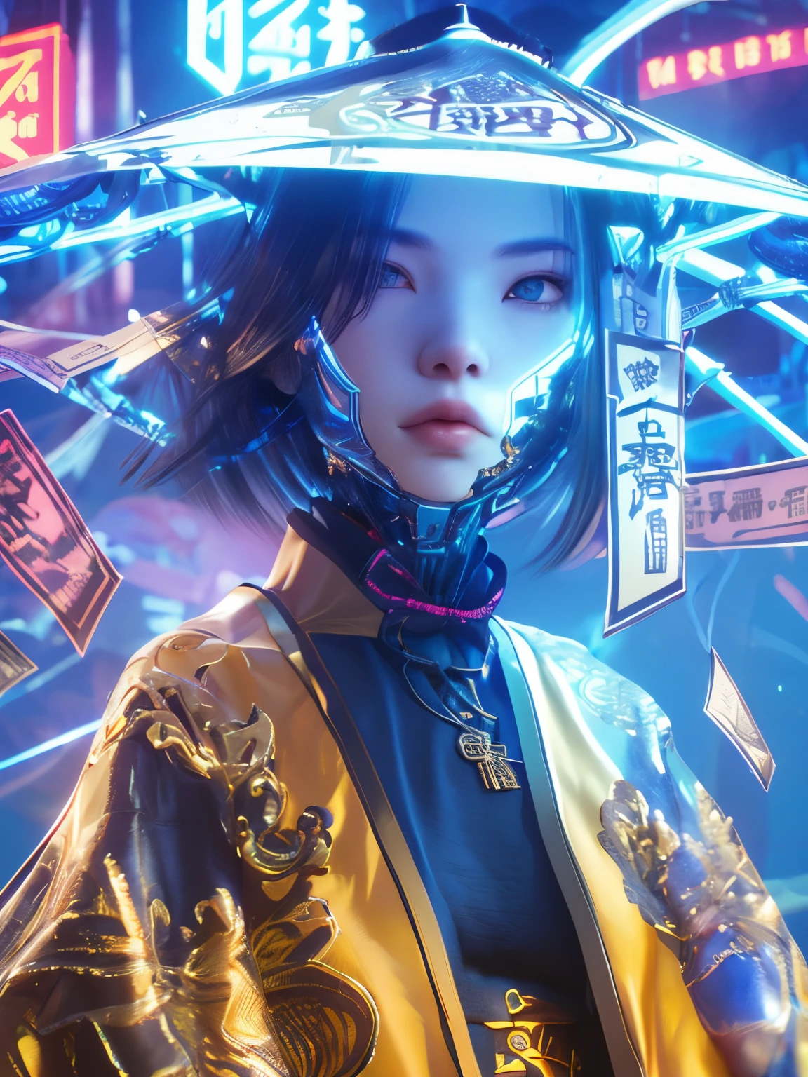 showy, Neon lights, pink, yellow babye payment, white, cyberpunk beauty ,1 girl, artist name ,black fur ,blue eyes, layer ,Closed mouth ,copyright name, glowing, has, jewelry ,Lips ,looking at the viewer, magic, magic circle, collar ,Neon lights, ofuda ,outdoor, short hair, Alone, Upper part of the body ,bamboo has ,cyberpunk, 3D, Neon light, Bagua ,Tai Chi ,future technology ,glow, glow effect ,High detail ,Best Quality, Tang Dynasty clothing, Hanfu