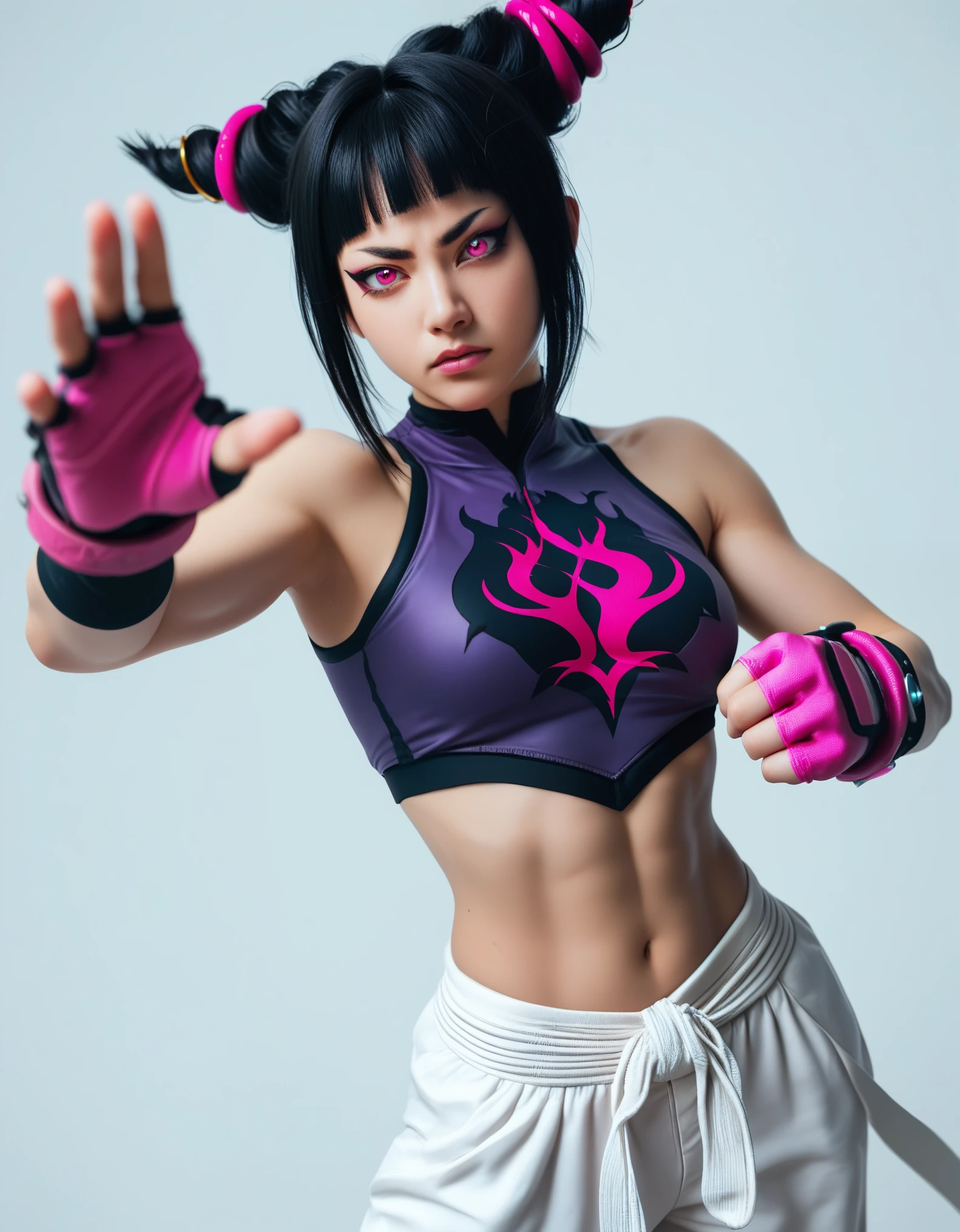 Digital illustration of a female character Juri in a dynamic martial arts pose. The character has a fair skin tone and is depicted with black hair styled in two high pigtails, each adorned with pink bands. She has a determined expression with glowing pink eyes, and her right eye is highlighted with a pink X-shaped glow. She is wearing a form-fitting, sleeveless top with a purple and pink design, exposing her midriff. Her left arm is covered with a long purple sleeve, while her right arm is bare, both hands are gloved in pink fingerless gloves. She is also wearing loose white pants with pink and black accents, and her left foot is bare while her right foot is partially visible. The background is plain white, emphasizing the character's dynamic pose and detailed outfit. anime, anatomically correct, super detail, high quality, 4K