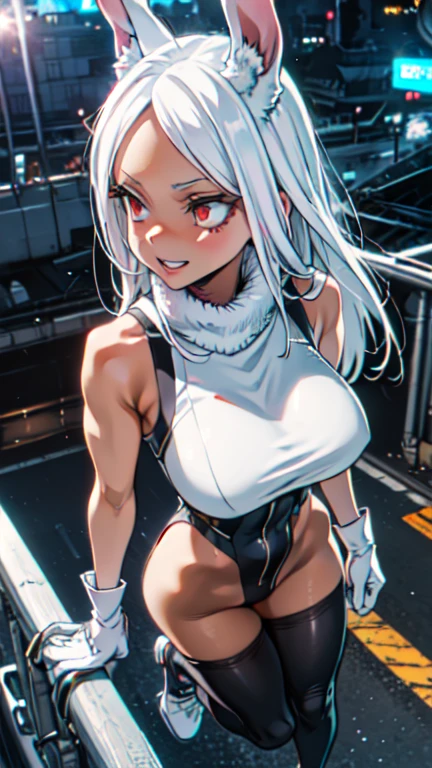 jumping, Rumi Usagiyama, long hair, animal ears, white hair, rabbit ears, dark-skinned female, muscular, 
rabbit girl, muscular female, (red eyes:1.5), (parted bangs:1.5), (complete anatomy),
High resolution,Sharp focus,(Super detailed,Very detailed),(Very detailed CG unity 8k wallpaper),(((Vibrant colors))),{best illustration},
Complex eyes,Beautiful Eyes,Symmetrical eyes,Big eyes:1.5,Seductive eyes, (((dark skin,dark_skin,lustrous skin:1.5,bright skin: 1.5,
skin tanned, shiny skin,very shiny skin,Shiny body,plastic glitter, skin,exaggerated shiny skin,illuminated skin))),Perfect Fingers,
(Detailed body),(Detailed face)), cute,Lewd,erotic,Bold,Camel Toe,Revealing clothing,show skin,
(Huge hips:1.1),(Huge breasts, Glamour:1.2),
Arrogant look, Domineering smile, Baring teeth,
 (looking away:1.4),Composition from above, Building district,
thigh highs, gloves, sleeveless, white gloves, leotard, turtleneck, high leg, high leg leotard, fur collar, sleeveless turtleneck, 
turtleneck leotard, sleeveless turtleneck leotard, crescent print,