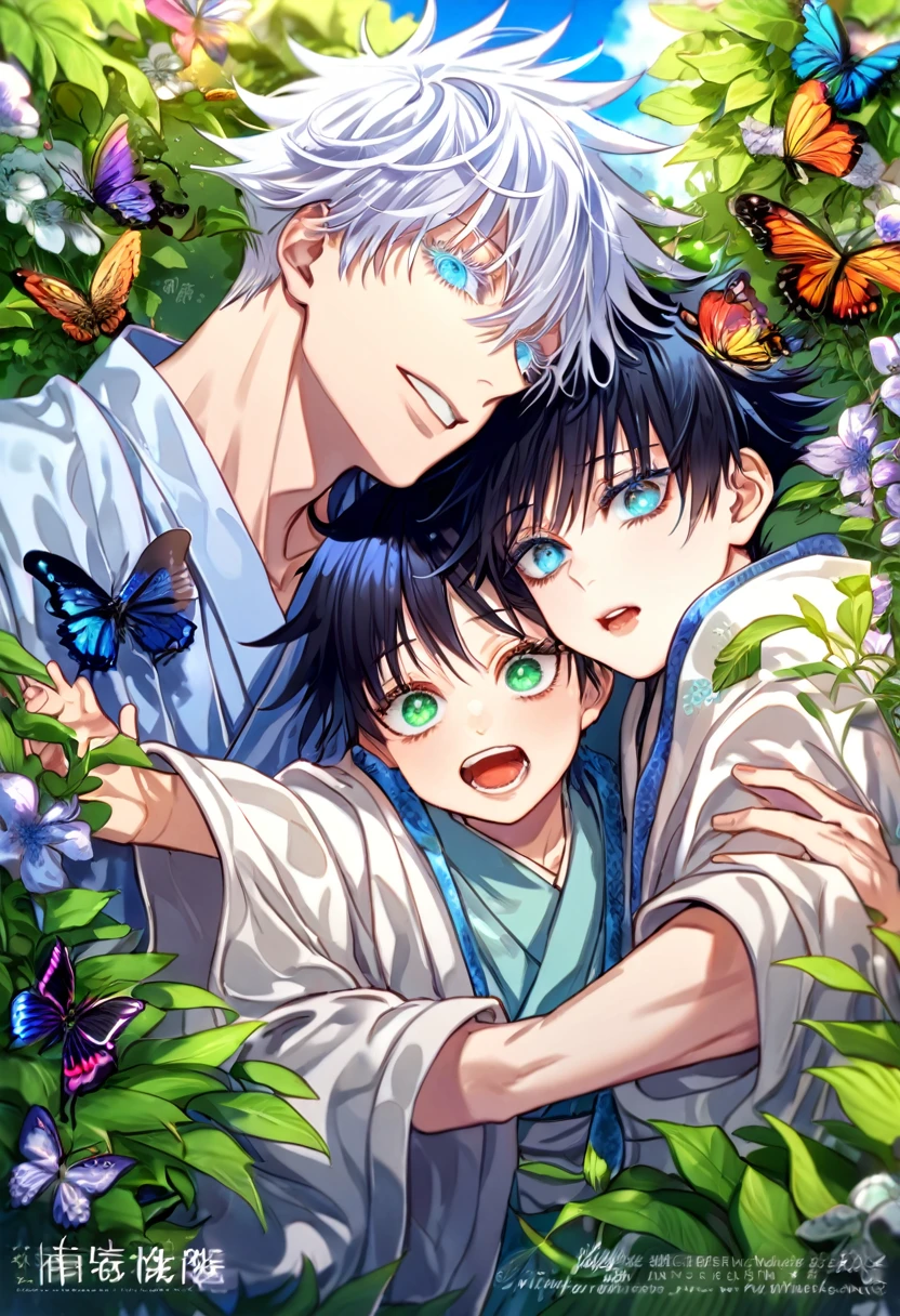Ultra detailed, HDR, Highres, absurdres, master piece, Gojou Satoru, white hair with bangs, expressive blue eyes, white eyelashes, Fushiguro Megumi, black hair, expressive green eyes, white haori, light blue kimono, Jujutsu Kaisen, flowers, butterflies, fantasy, magical, green leaves, summer, two little kids together, gay couple, yaoi, cute