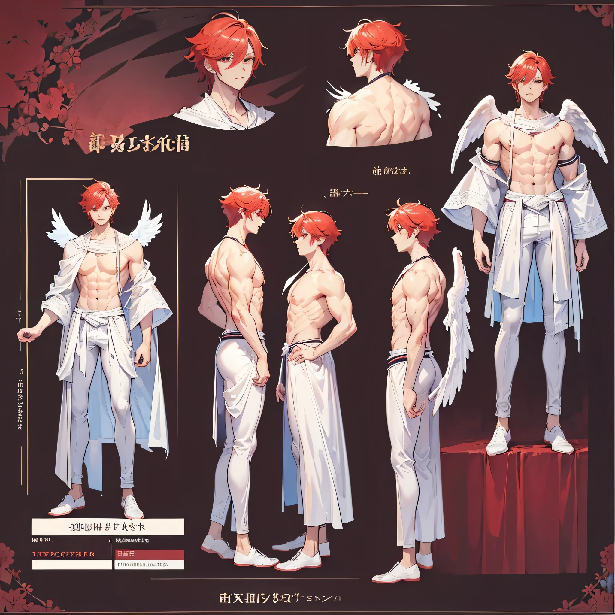 (Masterpiece, best quality), detailed, 1 man, ((character concept art)), ((character design sheet, same character, front, side, back)), full body, body complete, 1 Male angel, 1 Man angel, Detailed face, character design sheet,full bodyesbian, Highly detailed, character sheet, character design, Many parts, dark skin, angel wings, short red hair, angel outfit, muscle male god, male clothes, masculine, muscle man, male muscle, manly, male angel, Muscle male short red hair,beautiful man, beautiful muscle man, abs, pectoral muscle