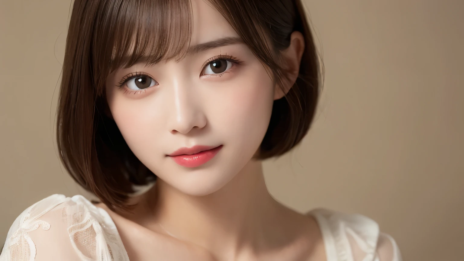 white background, bust up photo, Shows everything from the top of the head to the bust, looks happy, highest quality, shape, Super detailed, finely, High resolution, 8k wallpaper, Perfect dynamic shape, beautiful and detailed eyes, D cup, natural color lip,smile、20 year old girl, Beautiful and dense face、perfect and beautiful face,Big eyes、real photos（best image quality）, blouse (beige)、looking at camera、Please stand、Do gal makeup