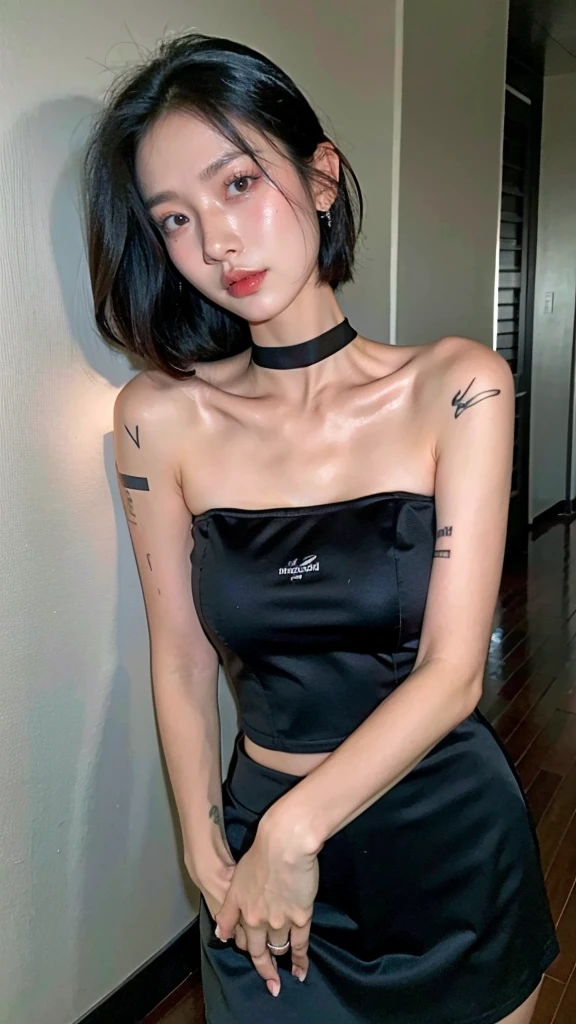 best quality, ultra high res, (photorealistic:1.4), pretty girl, strapless tanktop bra black shirt, black tight skirt, black choker, (faded ash gray hair:1), medium breasts, looking at viewer, closeup, (pretty face) , southeast asia girl. 