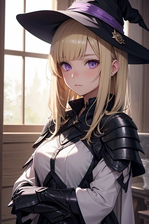 15 year old girl. Medium Blonde Hair Styled. Bangs on the right. lilac eyes. straight bangs. witch clothing. light armor.