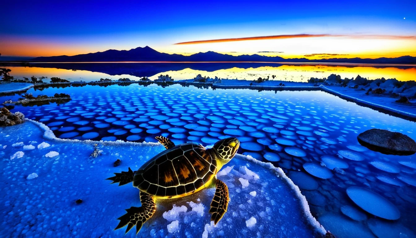 A magical night view of the Uyuni Salt Flats in a secret location, Beautiful light blue lake,Baby turtle playing with baby gecko