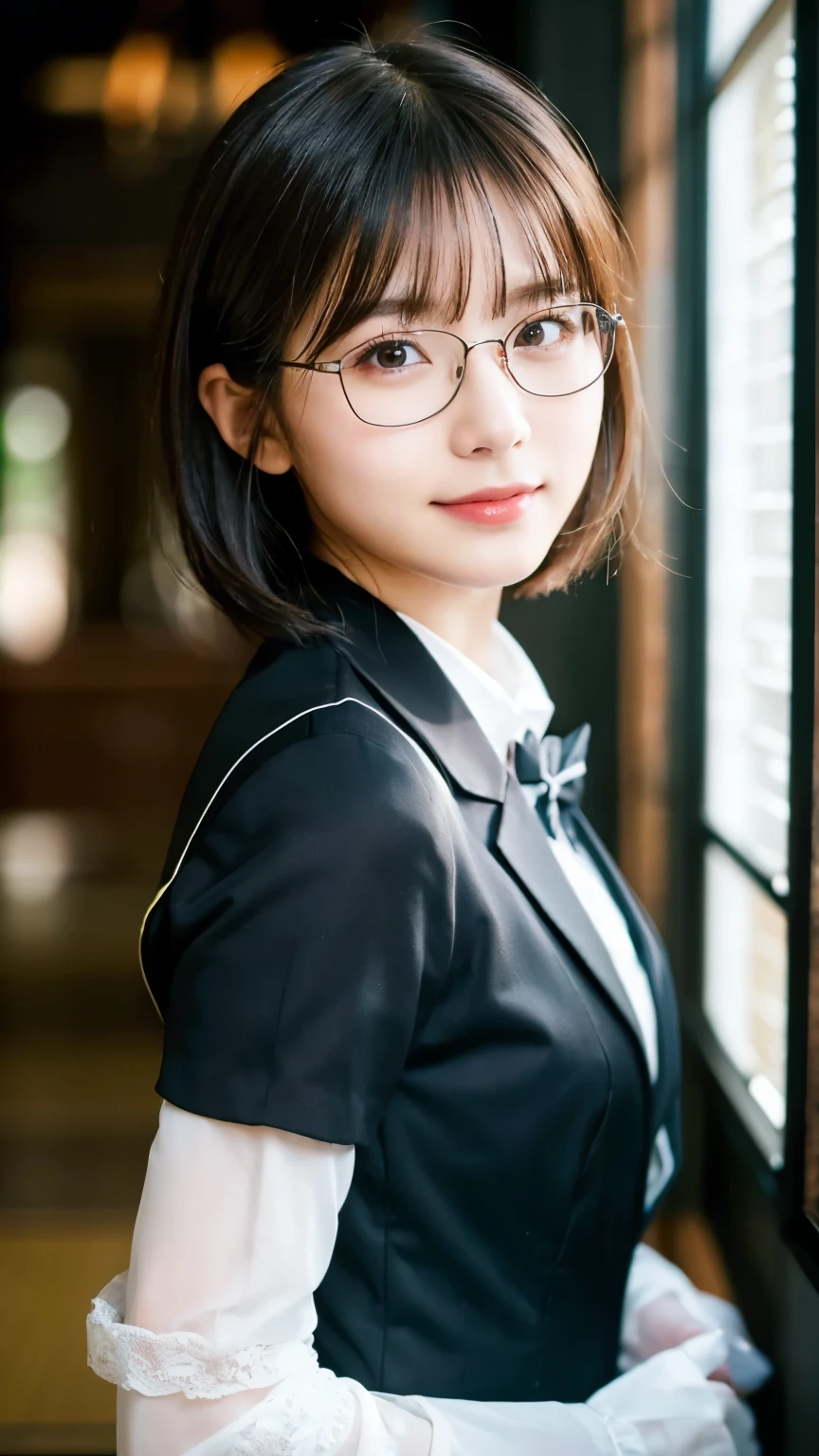 (Highest quality,masterpiece:1.3,Ultra-high resolution),(Very detailed,Caustics,8k),(Realistic:1.4,RAW shooting),A girl dressed as a butler,Japanese,boyish,smile,20-year-old,Short black hair,Glasses,Looking into the camera,Inside the Western-style building,Waist up shot,front,Face Focus,Face close-up,(Warm Light),Professional Writing