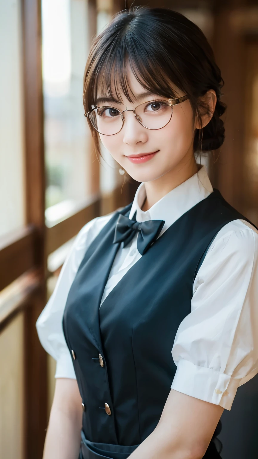 (Highest quality,masterpiece:1.3,Ultra-high resolution),(Very detailed,Caustics,8k),(Realistic:1.4,RAW shooting),A girl dressed as a butler,Japanese,boyish,smile,20-year-old,Short black hair,Glasses,Looking into the camera,Inside the Western-style building,Waist up shot,front,Face Focus,Face close-up,(Warm Light),Professional Writing