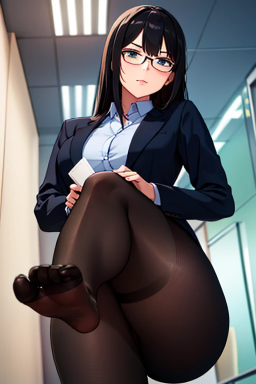 office worker woman , black fur, lasts, showing her feet