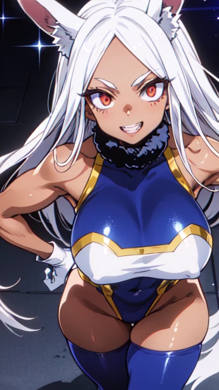 jumping, Rumi Usagiyama, long hair, animal ears, white hair, rabbit ears, dark-skinned female, muscular,
rabbit girl, muscular female, (red eyes:1.5), (parted bangs:1.5), (complete anatomy),
High resolution,Sharp focus,(Super detailed,Very detailed),(Very detailed CG unity 8k wallpaper),(((Vibrant colors))),{best illustration},
Complex eyes,Beautiful Eyes,Symmetrical eyes,Big eyes:1.5,Seductive eyes, (((dark skin,dark_skin,lustrous skin:1.5,bright skin: 1.5,
skin tanned, shiny skin,very shiny skin,Shiny body,plastic glitter, skin,exaggerated shiny skin,illuminated skin))),Perfect Fingers,
(Detailed body),(Detailed face)), cute,Lewd,erotic,Bold,Camel Toe,Revealing clothing,show skin,
(Huge hips:1.1),(Huge breasts, Glamour:1.2),
Arrogant look, Domineering smile, Baring teeth,
Composition from above, Building district,
thigh highs, gloves, sleeveless, white gloves, leotard, turtleneck, high leg, high leg leotard, fur collar, sleeveless turtleneck,
turtleneck leotard, sleeveless turtleneck leotard, crescent print,