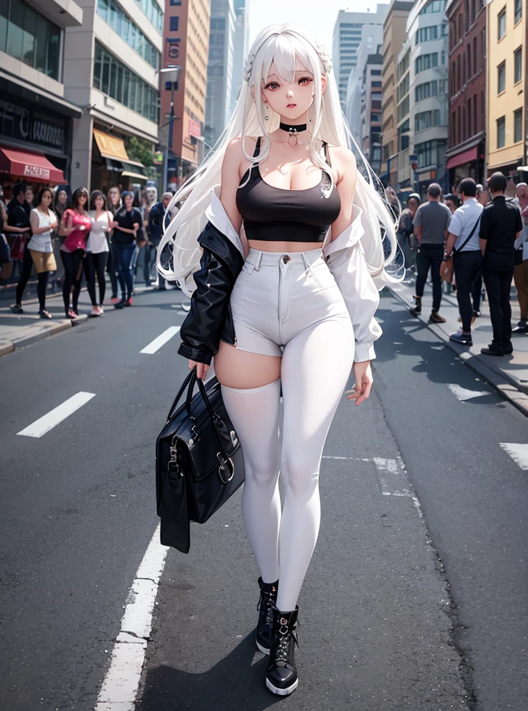 A cute brunette kawaii appearance beautiful angelic dark skin white hair red eyes sexy body thick thighs curvy and medium breasts long voluminous curly white hair long white hair gym outfit full body view girl standing in the middle of the road holding her cell phone white blouse black pants blouse top ripped pants girl with choker piercings a very chic boots Busy street hair flying looking at the viewer cute kawaii white hair white hair white hair