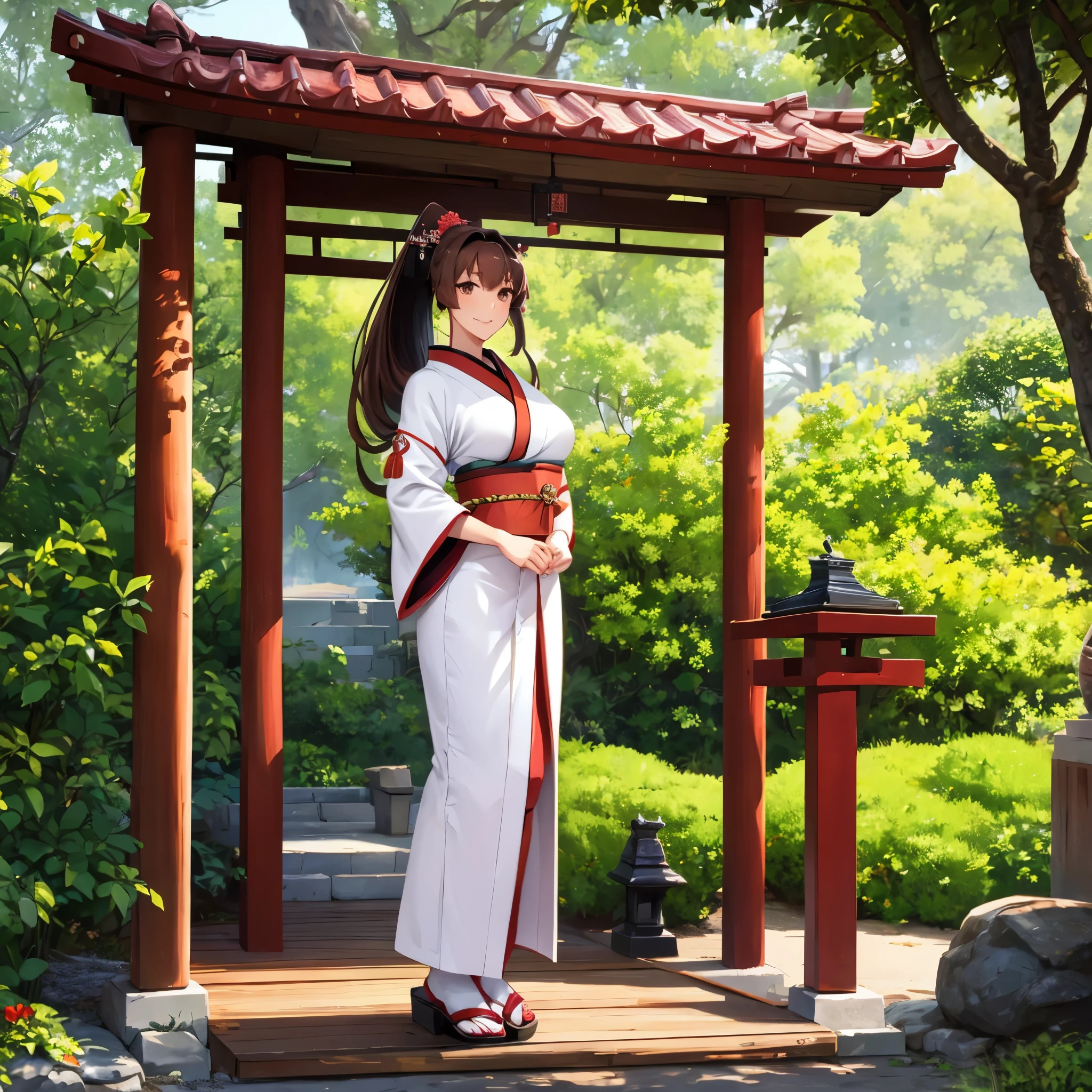 A woman wearing a white kimono, long-sleeved kimono, long-skirted kimono, red flower designs on the kimono, large breasts, wearing earrings with the Japanese red sun flag, brown hair, long hair, ponytail hair, flowers in her hair , brown eyes, perfect face, perfect eyes, smiling, standing posture, wooden shoes, on a stone sidewalk, Japanese garden location with traditional Japanese gazebo, trees in the background, lawn, daytime location, Kantai_Collection, IJN_Yamato, close view, alone woman.
