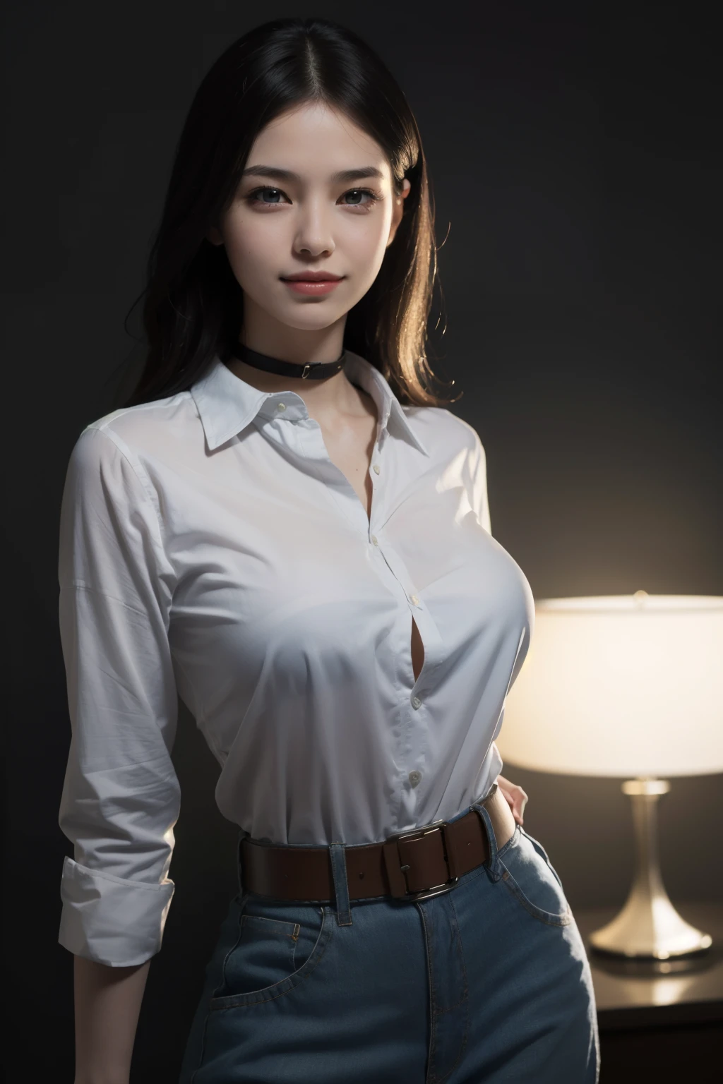 best qualityer, work of art, (photorrealistic:1.4), 1 girl, drlight smile, shirt with collar, waist up, dramatic lighting, from low