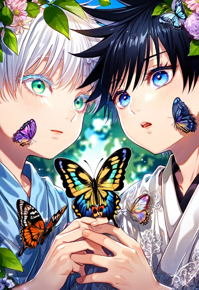 Ultra detailed, HDR, Highres, absurdres, master piece, Gojou Satoru as a kid, white hair with bangs, expressive blue eyes, white eyelashes, Fushiguro Megumi as a kid, black hair, expressive green eyes, white haori, light blue kimono, Jujutsu Kaisen, flowers, butterflies, fantasy, magical, green leaves, summer, two little kids together, gay couple, yaoi, cute