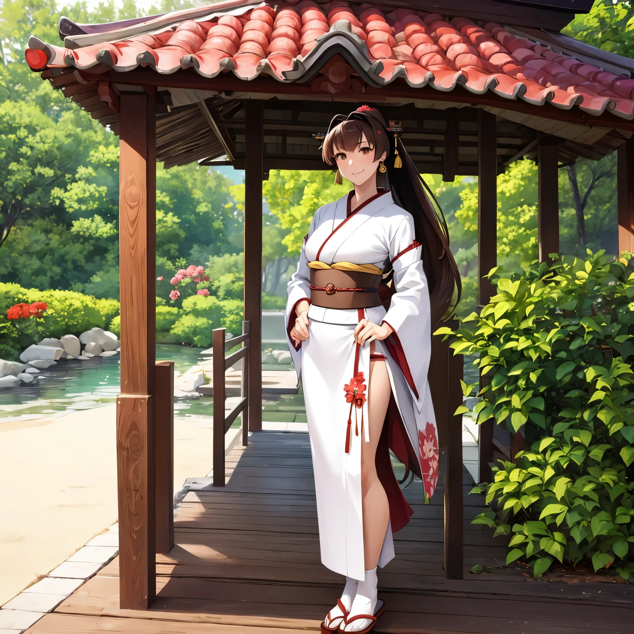 A woman wearing a white kimono, long-sleeved kimono, long-skirted kimono, red flower designs on the kimono, large breasts, wearing earrings with the Japanese red sun flag, brown hair, long hair, ponytail hair, flowers in her hair , brown eyes, perfect face, perfect eyes, smiling, standing posture, wooden shoes, on a stone sidewalk, Japanese garden location with traditional Japanese gazebo, trees in the background, lawn, daytime location, Kantai_Collection, IJN_Yamato, close view, alone woman.
