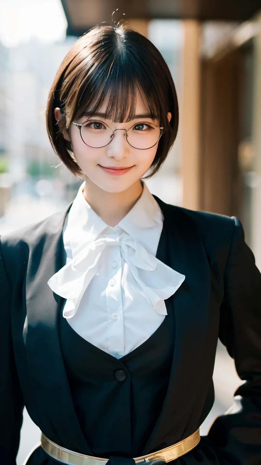 (Highest quality,masterpiece:1.3,Ultra-high resolution),(Very detailed,Caustics,8k),(Realistic:1.4,RAW shooting),A girl dressed as a butler,Japanese,boyish,smile,20-year-old,Short black hair,Glasses,Looking into the camera,Inside the Western-style building,Waist up shot,front,Face Focus,Face close-up,(Warm Light),Professional Writing
