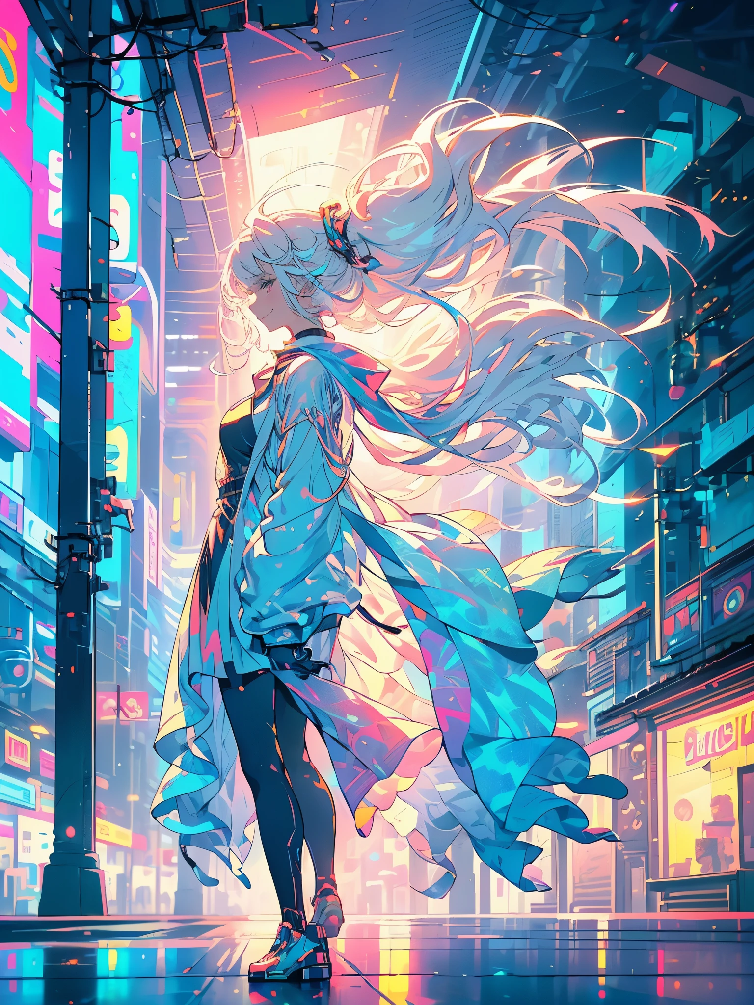 Cyberpunk city neon streets, work of art, LED paths in every corner, (((a girl in profile holding the side of her hair, white hair moving delicately with the wind, calm smile, gentle expression of peace, looking slightly upward))), the street has green neon logos, orange, azul from dark hearts and shining