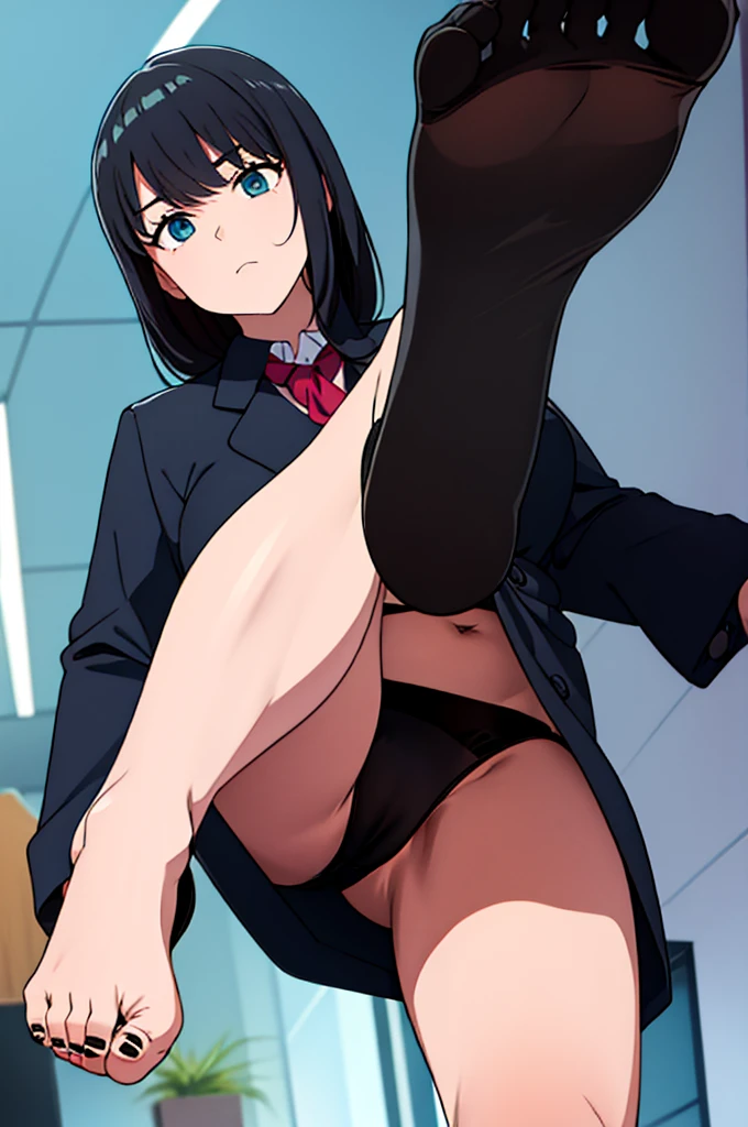 office worker woman , black fur, lasts, showing her feet