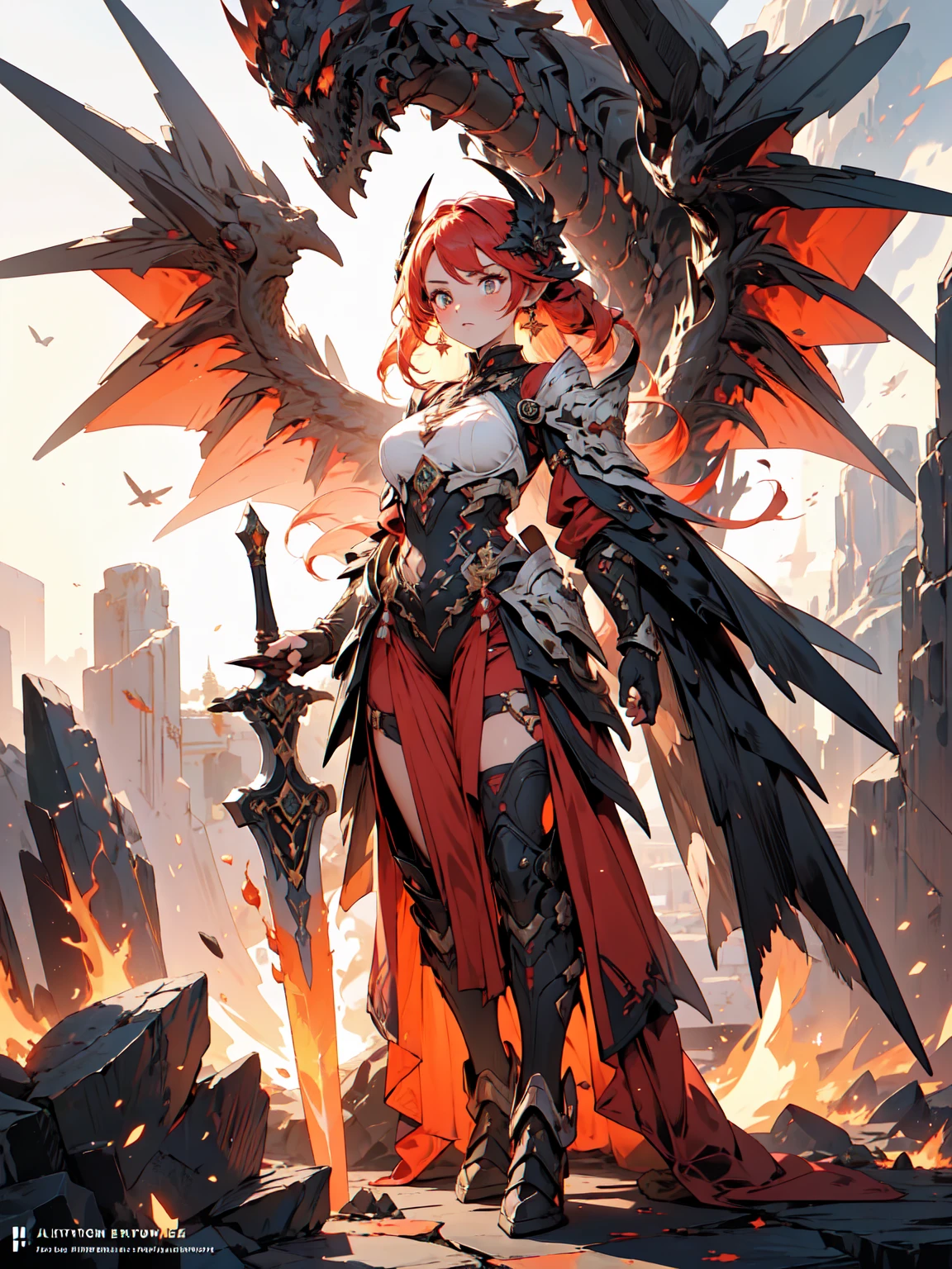((full body shot)) of a girl in regal, fire-themed armor with intricate gold and red details, standing in a blazing, volcanic landscape. She has long, flowing fiery red hair and intense, glowing amber eyes. Her skin has a warm, sun-kissed hue, and she is adorned with molten lava-like patterns. She holds a majestic sword engulfed in roaring flames, casting a bright, fiery light. The atmosphere is {intense|majestic}, with lava flows and embers illuminating the scene. The ground beneath her is cracked, molten earth, reflecting the intense light and adding to the fiery ambiance. Surrounding her are jagged rocks and bursts of flame in shades of {red|orange}, casting a fierce, incandescent glow. The background features towering volcanic peaks and a sky filled with ash and smoke, hinting at a powerful, fiery kingdom. The scene is dynamic and awe-inspiring, with her face showing a determined yet regal expression, her eyes focused intently on her blazing domain.

[Best quality], [Masterpiece], [Ultra-detailed], [4k], {intense|majestic} atmosphere, fiery kingdom, {dynamic pose|regal pose}, blazing illumination, {soft shadows|dramatic lighting}, {reflected light on molten earth:0.7}, {jagged rocks:0.6}, {bursts of flame:0.5}, {volcanic peaks:0.4}, {ash-filled sky:0.3}.