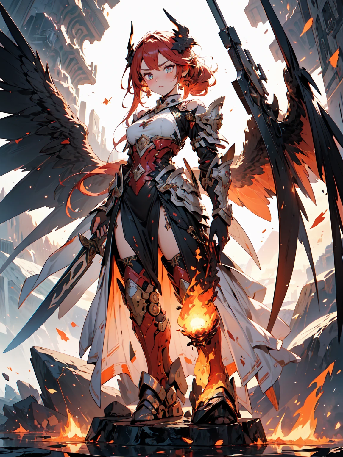 ((full body shot)) of a girl in regal, fire-themed armor with intricate gold and red details, standing in a blazing, volcanic landscape. She has long, flowing fiery red hair and intense, glowing amber eyes. Her skin has a warm, sun-kissed hue, and she is adorned with molten lava-like patterns. She holds a majestic sword engulfed in roaring flames, casting a bright, fiery light. The atmosphere is {intense|majestic}, with lava flows and embers illuminating the scene. The ground beneath her is cracked, molten earth, reflecting the intense light and adding to the fiery ambiance. Surrounding her are jagged rocks and bursts of flame in shades of {red|orange}, casting a fierce, incandescent glow. The background features towering volcanic peaks and a sky filled with ash and smoke, hinting at a powerful, fiery kingdom. The scene is dynamic and awe-inspiring, with her face showing a determined yet regal expression, her eyes focused intently on her blazing domain.

[Best quality], [Masterpiece], [Ultra-detailed], [4k], {intense|majestic} atmosphere, fiery kingdom, {dynamic pose|regal pose}, blazing illumination, {soft shadows|dramatic lighting}, {reflected light on molten earth:0.7}, {jagged rocks:0.6}, {bursts of flame:0.5}, {volcanic peaks:0.4}, {ash-filled sky:0.3}.