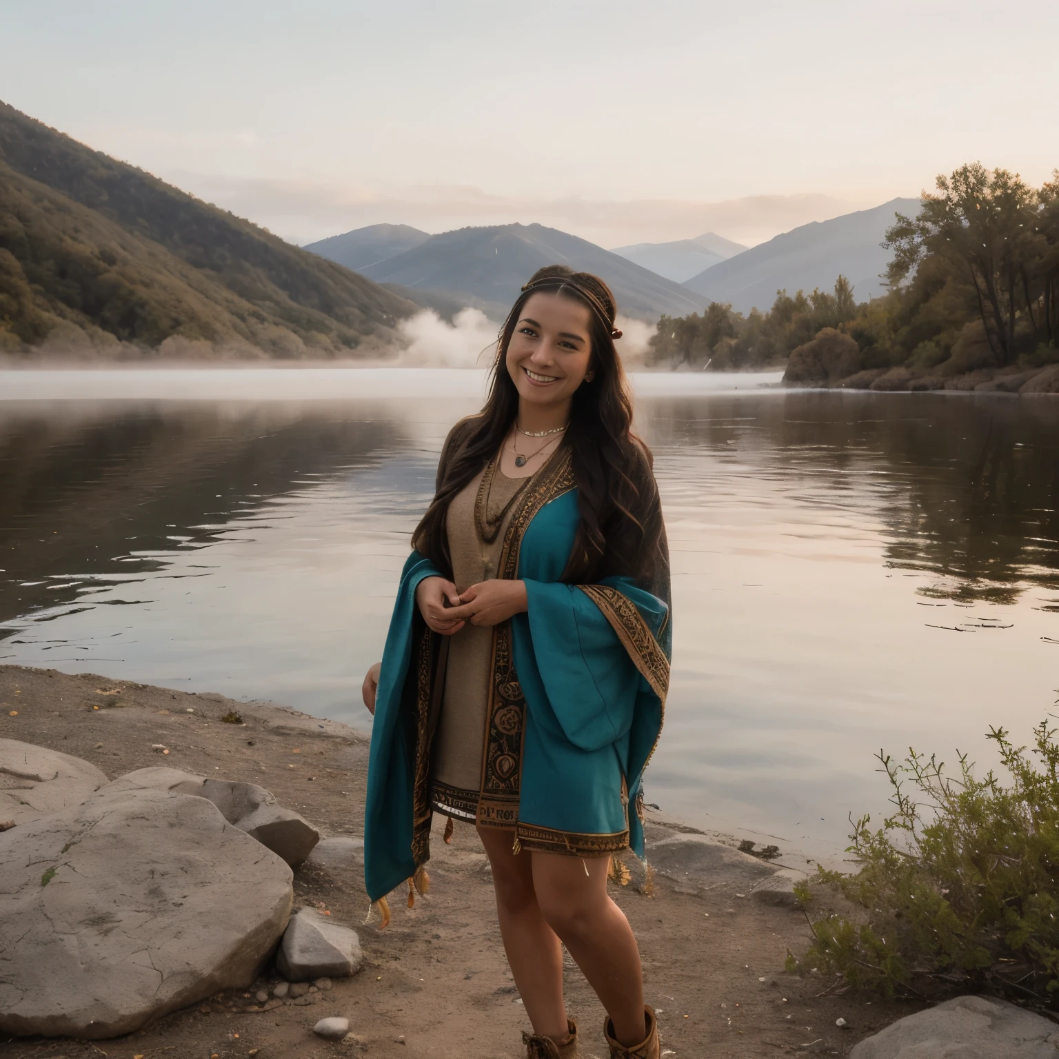 TWO women from different indigenous tribes walk side by side along the stony shore of Pyramid Lake in Nevada at sunrise, looking to camera.The sky is a beautiful gradient, shifting from a soft rosé in the east to a pale blue in the west. Ground fog and hoarfrost add a mystical quality to the scene, as the rising sun begins to light the sky from behind them. The distant forest along the lakeshore is shrouded in morning mist, creating a serene and peaceful atmosphere. On the right side of the image is a tall and slender Paiute woman with long, straight black hair, which is adorned with colorful feathers and braided with natural fibers. She wears a deerskin dress adorned with intricate beadwork of shells, seeds, and natural stones, forming vibrant patterns. Her skin features symmetrical designs in red ochre and white clay, and she wears a feathered headband and moccasins. Her slightly smiling face, looking towards the camera, reflects a good mood with open eyes. On the left side of the image is a shorter and more muscular Shoshone woman with curly brown hair, which is styled in tight braids interwoven with beads and feathers. She wears a rabbit-fur cloak over a finely woven plant-fiber dress, decorated with carved bone beads and dyed with natural plant dyes. Her skin is painted with blue clay and charcoal patterns, and she wears a necklace made from shells and animal teeth. Her expression is slightly sleepy yet smiling, her open eyes looking towards the camera. The two women walk closely along the rocky lakeside, their hands almost touching as they enjoy the tranquil morning. The lake reflects the emerging sunlight, while the surrounding forest and the distant desert landscape are bathed in the gentle morning light. feathers, beads, shells, stones, bones, deerskin, rabbit fur, woven plant fibers, natural plant dyes, moccasins, red ochre, white clay, blue clay, charcoal, headband, necklace, braids, patterns, sunrise, lake, forest, foliage, ground fog, hoarfrost, intimat