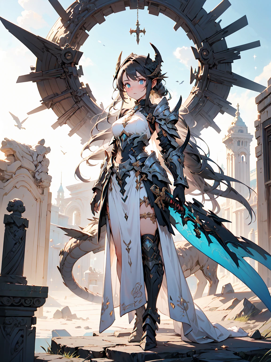 Full body shot of a fearless paladin with unparalleled beauty, featuring long, dark hair and striking blue eyes. She wears intricately designed draconic armor that glimmers with a mystical aura. Her armor is adorned with dragon scales and ornate patterns, giving it both an imposing and elegant appearance. In her hand, she wields a magnificent sword, the blade shimmering with a divine light, etched with runes of power. She stands in a majestic, celestial landscape, with radiant light filtering through the clouds, casting a holy glow upon her. The ground beneath her is a mix of ancient stones and sacred symbols, glowing softly as if infused with holy energy. Surrounding her are ethereal figures in shades of gold and white, their presence adding to the divine ambiance. The background features towering, ancient ruins and magnificent, skyward-reaching structures, hinting at a grand, heavenly stronghold. The scene is inspiring and powerful, with her face showing a serene yet determined expression, her eyes locked onto her noble mission.

[Best quality], [Masterpiece], [Ultra-detailed], [4k], {inspiring|majestic} atmosphere, celestial landscape, {dynamic pose|noble stance}, radiant illumination, {soft shadows|divine lighting}, {glowing ancient stones:0.7}, {ethereal figures:0.6}, {heavenly architecture:0.5}, {towering ruins:0.4}, {skyward-reaching structures:0.3}.