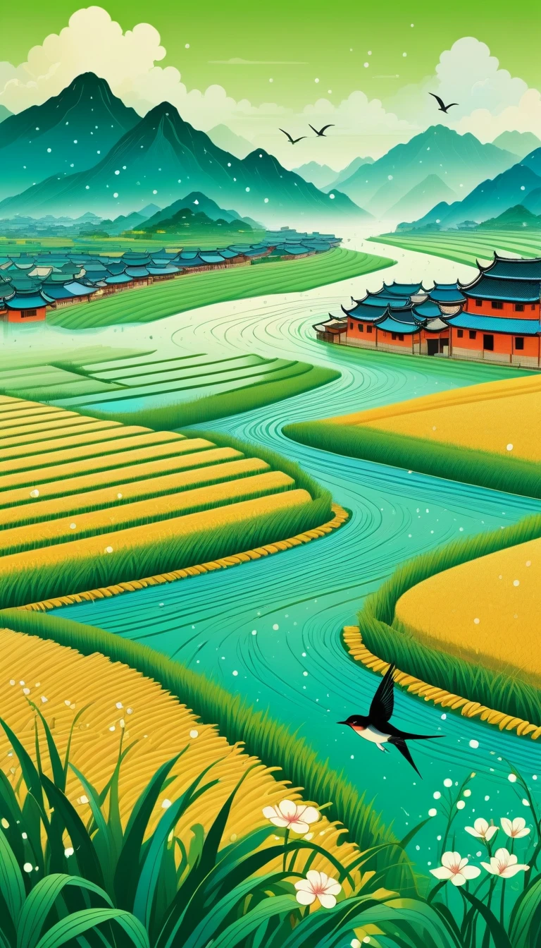 Qingming Festival Chinese countryside, plants and flowers, swallows, wicker, rice field, light rain, river, bright, spring green, bright background, blank at the top of the frame, flat illustration, Victo Ngai style