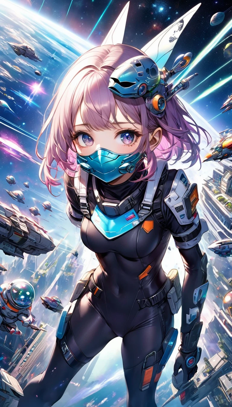 beautiful space Squadron girl, beautiful face hidden by metal plated cool mask, covered in tattoos, great proportion, tight fitting combat uniform, background invertebrate-like enemy group, destroyed space city, galaxy, iridescent cosmic rays, 2.5D, delicate and dynamic, art, Cute Girl