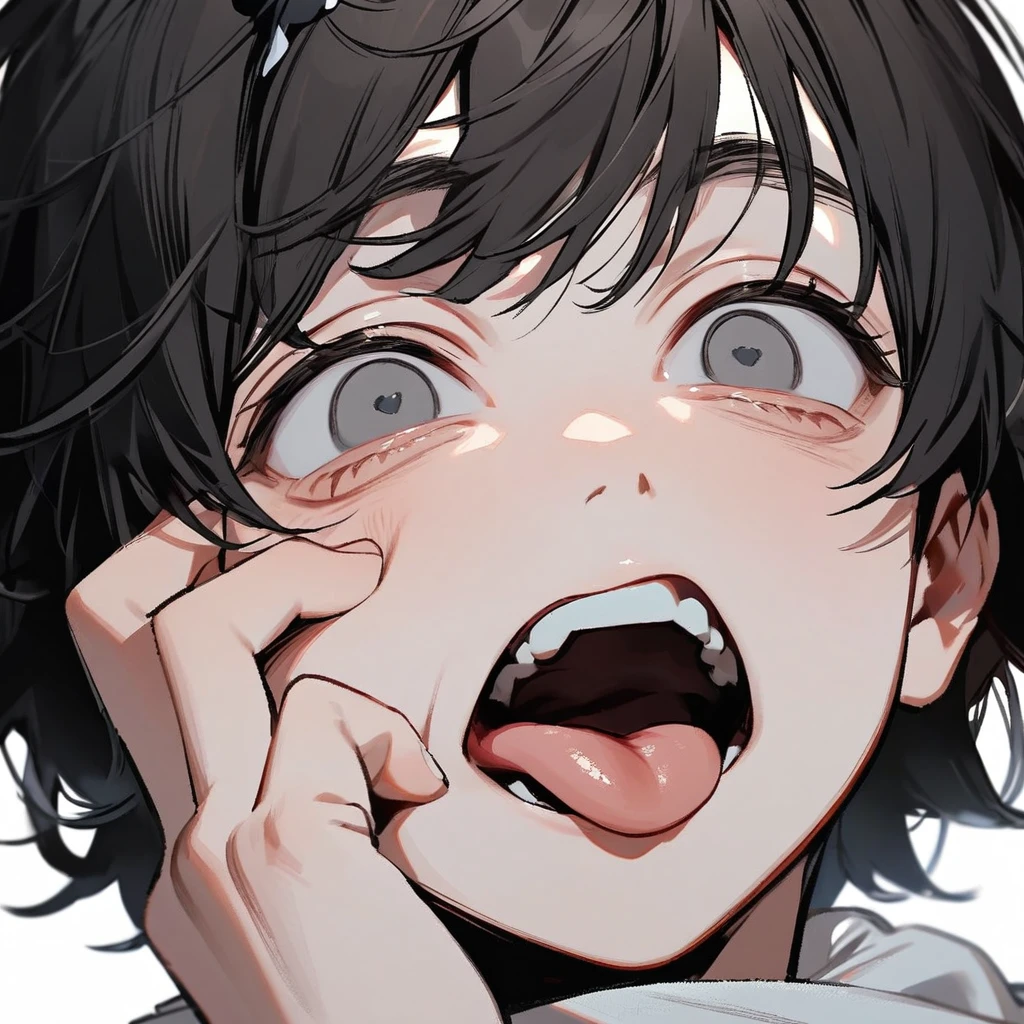 a young boy, cute face, black hair, gray eyes, white scarf,black kitten cap, white background,showing the tongue, tilted face,hand on face ,chainsaw man style
