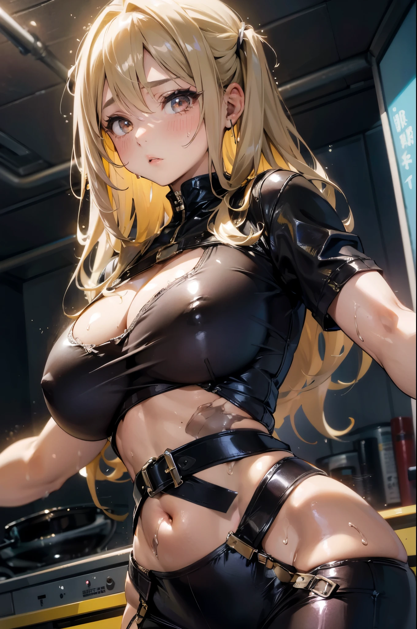 (1 girl),large Chest, Chest, Brown, Skin is hydrated, Sweating of the skin, Blonde wavy hair, Punk T-shirts, Punk Girl,huge , Crazy breast swelling, Chest大于肩胛骨, Big breasts and thin waist,(huge breasts:1.2),Hydrated skin((rogue))((非常huge乳房)),((Grooves reveal original skin))