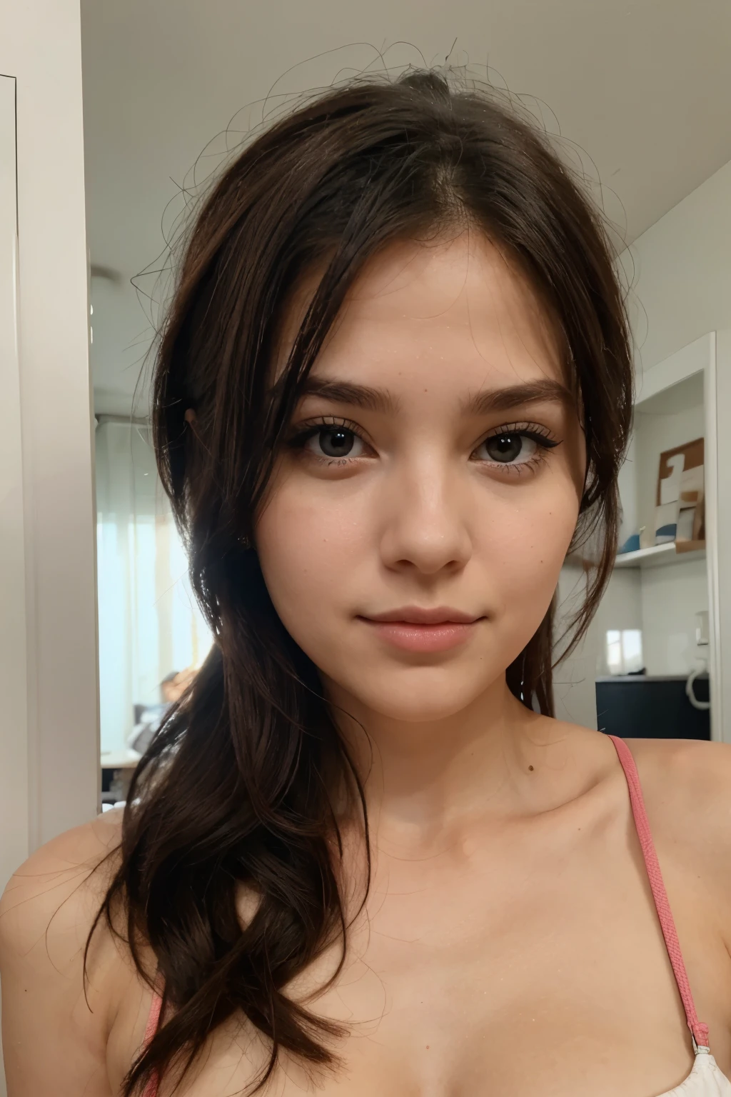 the face of a modern young cute woman , Lightly made up, 