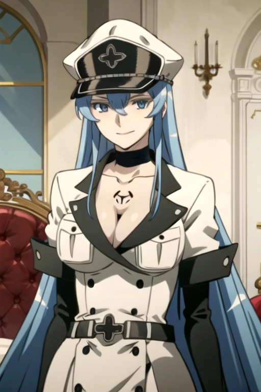 Esdeath, tall body, tall, long legs, mature female, mature, adult, simple background, indoors, 1girl, breasts, blue eyes, blue hair, long hair, hat, solo, uniform, cleavage, military uniform, large breasts, military, tattoo, very long hair, peaked cap, smile, chest tattoo, choker, belt, hair between eyes, looking at viewer, upper body, close-up