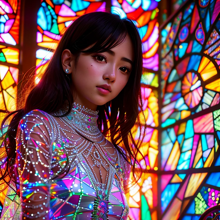 SFW, concept art, Tiny junior idol, (Detailed Delicate lace knitted white clothes), (nipple:-0.9), face closeup, (Elaborate stained glass Background:1.37), (((Renbutsu Misako), colorful Light shines through delicate stained glass:1.2, vivid red colors, Luminous Particles, light Particles))(Acutance:0.8). (ProfessionalPhoto:1.2),(ultra-detailed:1.37), (Extremely detailed KAWAII face variations, innocent expression variations), rosy cheeks, intricate detailed eyes with sparkling highlights, long eyelashes with volume, subtle blush on the face. Mystic sight, haze, Impeccable Radiant PearlSkin with Transparency, captivating gaze, ((Dynamic-angle)), whole Body proportions and all limbs are anatomically accurate .