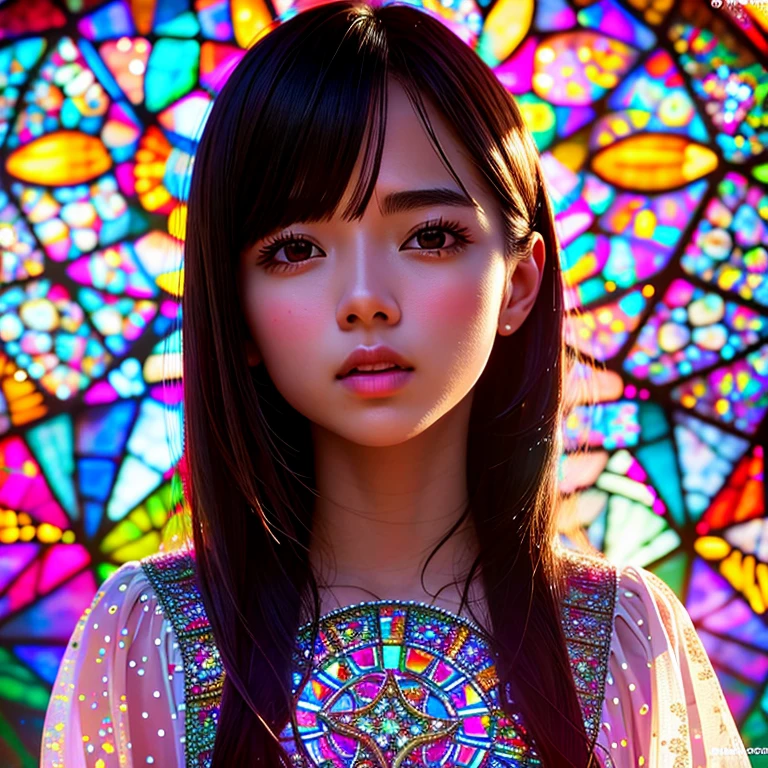 SFW, concept art, Tiny junior idol, (Detailed Delicate lace knitted white clothes), (nipple:-0.9), face closeup, (Elaborate stained glass Background:1.37), (((Renbutsu Misako), colorful Light shines through delicate stained glass:1.2, vivid red colors, Luminous Particles, light Particles))(Acutance:0.8). (ProfessionalPhoto:1.2),(ultra-detailed:1.37), (Extremely detailed KAWAII face variations, innocent expression variations), rosy cheeks, intricate detailed eyes with sparkling highlights, long eyelashes with volume, subtle blush on the face. Mystic sight, haze, Impeccable Radiant PearlSkin with Transparency, captivating gaze, ((Dynamic-angle)), whole Body proportions and all limbs are anatomically accurate .