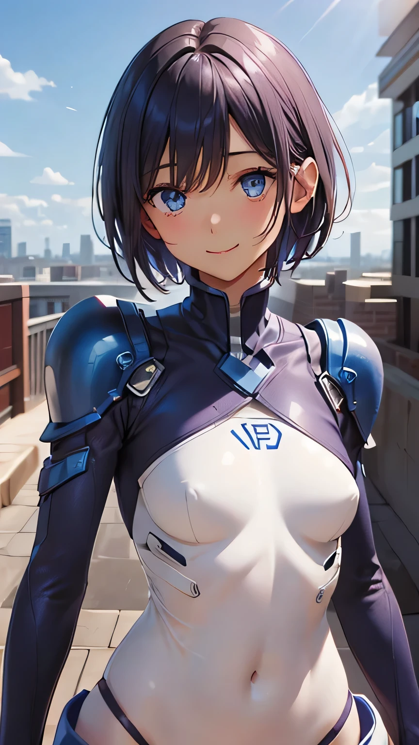 highest quality、Realistic、male、zoom、Cobalt blue eyes、maroon short hair、Hero Suit、Glossy white bodysuit、Blue accents、slender、Dark Skin、Rooftop、An inappropriate smile、Bust Shot、