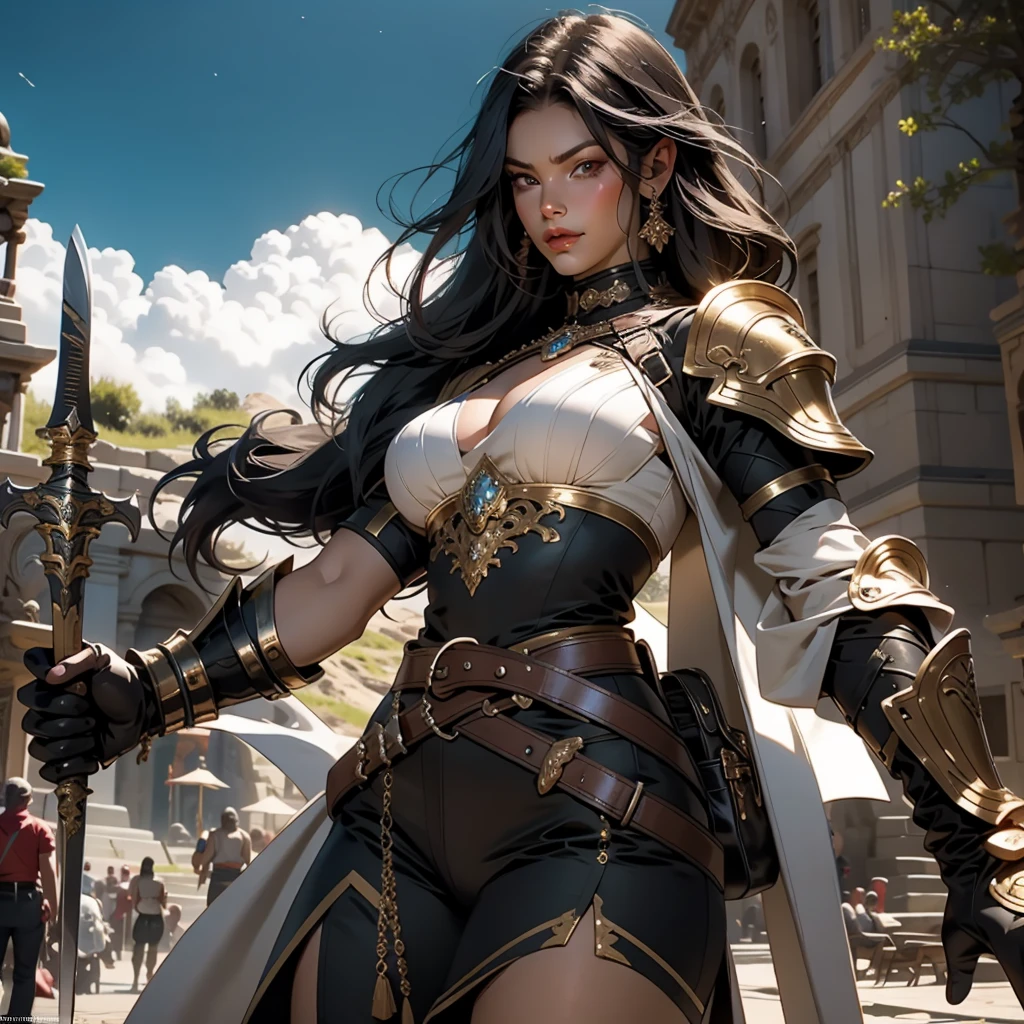 a woman dressed as a warrior holding a sword, gigachad muscular, cgi animation, hyper real photo, busty, she is about 50 years old, orcs, very sexy woman with black hair, wide belt, aurora aksnes, very symmetrical body, strong and ferocious, trampling an ancient city, strongman, inspired by George Papazov