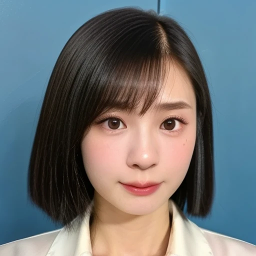 (kawaii 24 year-old Japanese girl, Nogizaka idol, Korean idol), (glossy black hair, short bob, hair length must be even and symmetric:1.3), (rounded face, single eyelid, no makeup, serious expression:1.2), (wearing suit jacket, collared shirt, necktie:1.3), (extra small breasts:0.9), (looking at viewer:1.2), BREAK, (simple blue background, yearbook background:1.3), (portrait, id photo, bust shot, view from vertically straight forward:1.3), (keep a margin on the top), BREAK, (masterpiece, best quality, photo realistic, official art:1.4), (UHD, 8K quality wallpaper, high resolution, raw photo, golden ratio:1.3), (shiny skin), professional lighting, physically based rendering, award winning, (highly detailed skin, extremely detailed face and eyes), Carl Zeiss 85 mm F/1.4, depth of field, 1girl, solo,