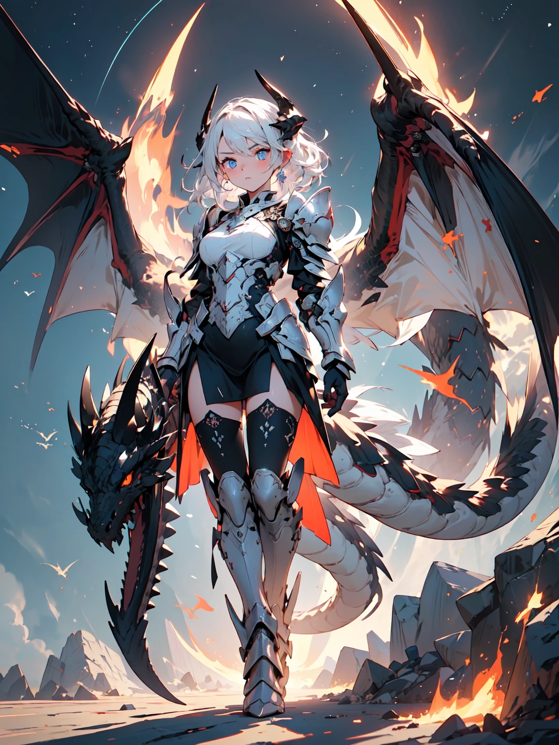 (((masterpiece, best quality, 8k))), girl, (full-body), dragon armor, intricate details, red glow, short shilver hair, back messy hair, detailed hair strands, light blue eyes, dominance expression, walking in lesser caotic place as she rule the world, fire background, and dragons in the night sky, fierce aura, (high quality ilumination)