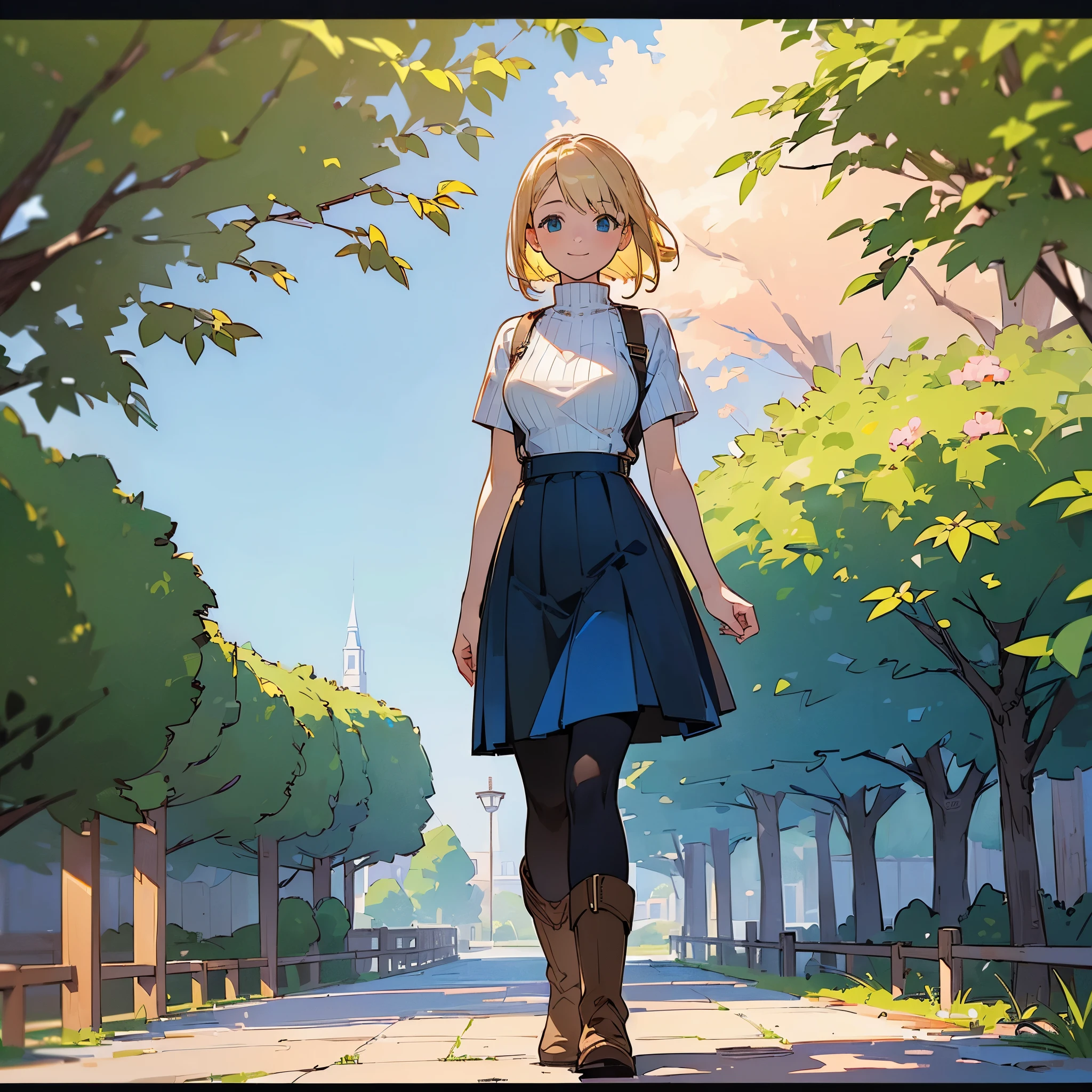 (high quality, High resolution, Very detailed, reality:1.37), Peaceful atmosphere, (Outdoor, garden), age girl standing alone, (my breasts are big.), Beautiful details, Cute Smile, (Blonde Bob Hair), Short sleeve ribbed sweater, Blue Skirt, Black tights, Brown boots.