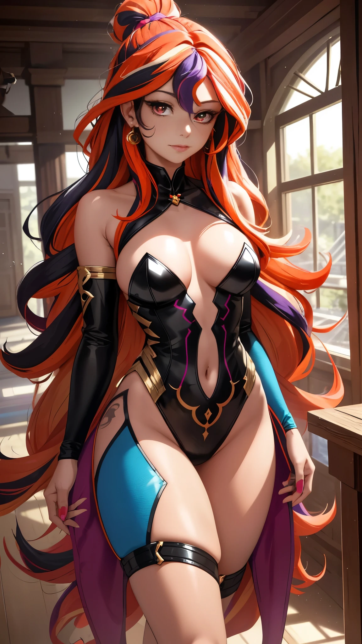 (NSFW), "Aura of Enchantment" (masterpiece), Highest quality, Extremely detailed, Enchanting figure, Warm and inviting lighting, Vibrant and bold colors, Lone Figure, Alone in the room, Long, wavy grey hair, Accented with orange inner strands, Piercing red eyes that seem to glow, Contrasting inner hair color, Two-tone hair design, A prominent Ahoge, Ridiculously long hair that cascades to her feet, Multicolored strands of orange, purple, and blue, Hello, World (or a caption of choice), Wearing a skin-tight bodysuit that highlights her curves,